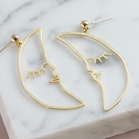 Sleeping Crescent Moon Face Drop Earrings in Gold