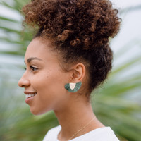 Gold Half Circle Tassel Stud Earrings in Green