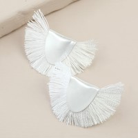 Silver Half Circle Tassel Stud Earrings in White