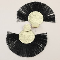 Large Gold Double Disc Tassel Earrings in Black