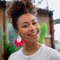Large Gold Double Disc Tassel Earrings in Pink