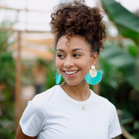 Large Gold Double Disc Tassel Earrings in Teal
