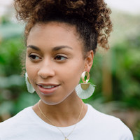 Large Gold Twisted Drop Tassel Earrings in Green