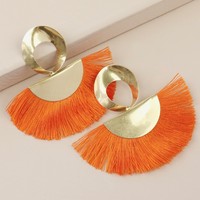 Large Gold Twisted Drop Tassel Earrings in Orange