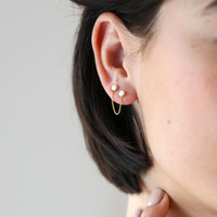 Carly Rowena Gold Sterling Silver Opalite Double Stud Chain Earring