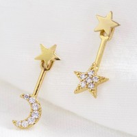 Crystal Moon and Star Jacket Earrings in Gold