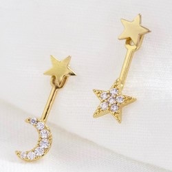 Crystal Moon and Star Jacket Earrings in Gold