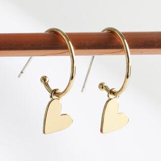 Gold Falling Heart Charm Hoop Earrings