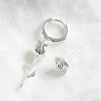 Mismatched Stem Rose Hoop and Stud Earrings in Silver
