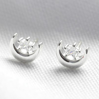 Moon and Crystal Stud Earrings in Silver