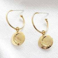 Moon Disc Charm Hoop Earrings