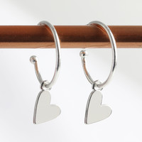 Silver Falling Heart Charm Hoop Earrings