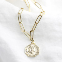 Cable Chain and Coin Pendant Necklace in Gold
