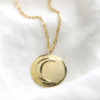 Gold Embossed Moon Disc Pendant Necklace