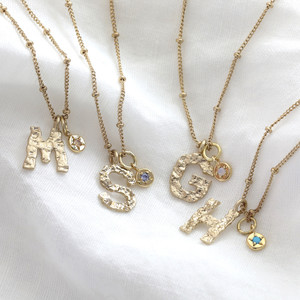 Gold Hammered Initial Necklace - A