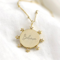 Personalised Crystal Edge Disc Necklace in Antiqued Gold