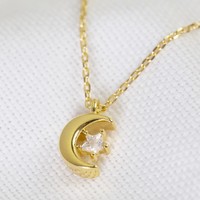 Tiny Crystal Star and Gold Moon Pendant Necklace