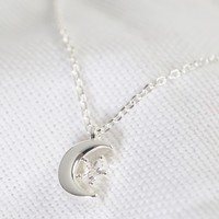 Tiny Crystal Star and Silver Moon Pendant Necklace