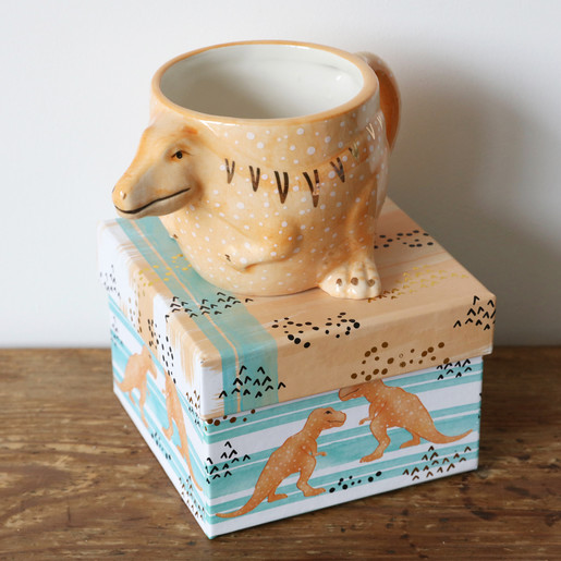 Lisa Angel with Ceramic House of Disaster Tyrannosaurus Rex Cup