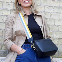Black Leather Crossbody Bag with Striped Strap