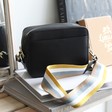 Lisa Angel Ladies' Black Leather Crossbody Bag with Blue and Mustard Striped Strap