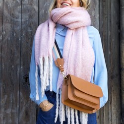 Tan Leather Saddle Bag with Blue and Pink Strap