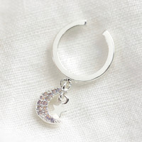 Crystal Moon and Star Charm Ear Cuff in Silver