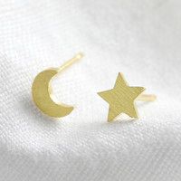 Mismatched Star and Moon Stud Earrings in Gold