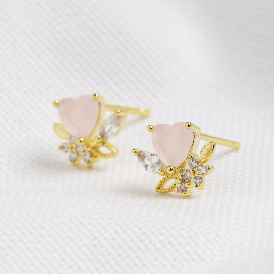 Pink Crystal Heart Stud Earrings in Gold | Lisa Angel