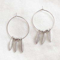 Sterling Silver Triple Feather Charm Hoop Earrings