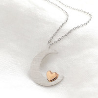 Moon and Heart Necklace in Silver and Rose Gold