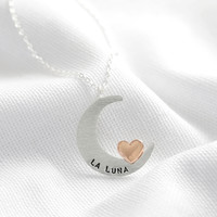 Personalised Moon and Heart Necklace in Silver and Rose Gold
