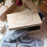 Personalised Wooden Hamper Box with Striped Winter Accessories