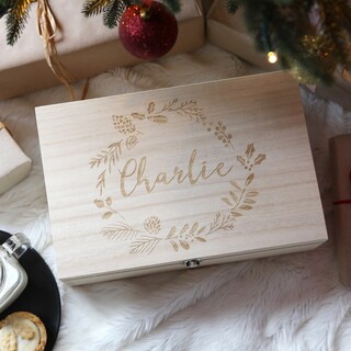 Personalised Wreath Wooden Christmas Hamper Box