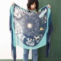 Lightweight Zodiac Print Scarf in Teal