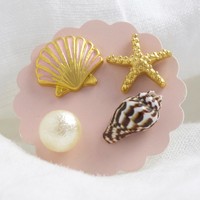 Set of Four Mismatched Nautical Beach Stud Earrings in Gold