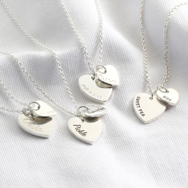 SOLID STERLING SILVER PERSONALISED TWO HEART PENDANT MOTHERS FAMILY NECKLACE 