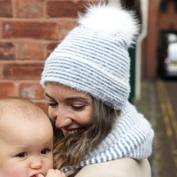 Blue and White Striped Bobble Hat