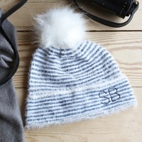 Personalised Embroidered Blue and White Striped Bobble Hat