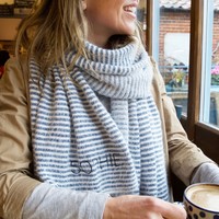 Personalised Embroidered Blue and White Striped Winter Scarf