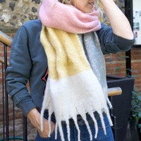 Oversized Block Colour Scarf in Pink, Yellow and Grey