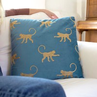 Embroidered Monkeys Square Teal Velvet Cushion