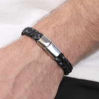 Men's Thick Black Woven Leather Bracelet