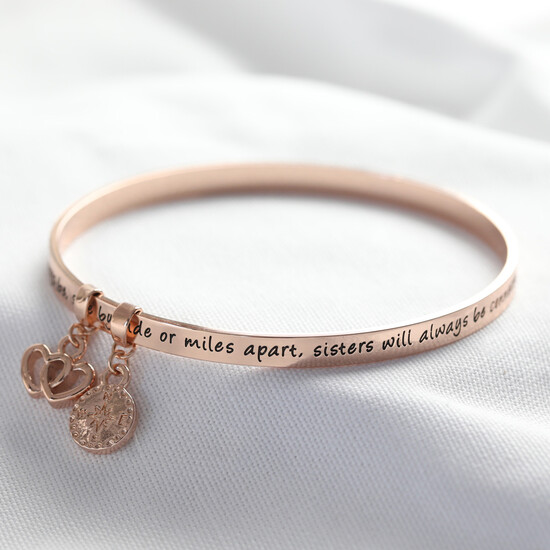 'Sisters' Meaningful Word Bangle in Rose Gold