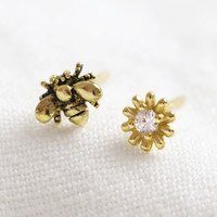 Gold Sterling Silver Daisy and Bee Stud Earrings