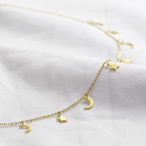 Gold Stainless Steel Star and Moon Charm Necklace