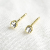 Tiny Round Gold Sterling Silver Crystal Stud Earrings