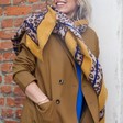 Women's Personalised Mustard Border Leopard Print Blanket Scarf on Model