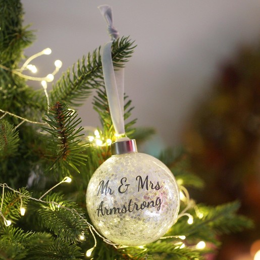 Couples Personalised Silver Name Glitter Bauble
