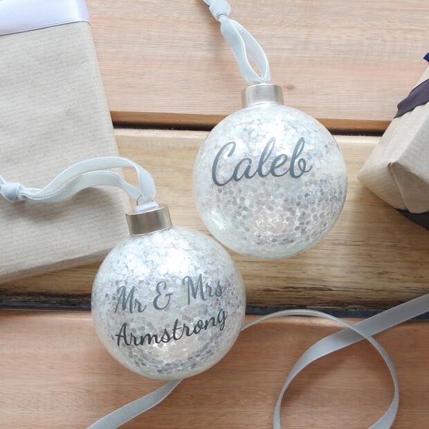 Personalised Silver Name Glitter Bauble